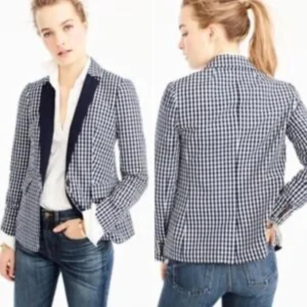J.Crew Gingham Plaid Blazer Jacket in Navy Blue/ White